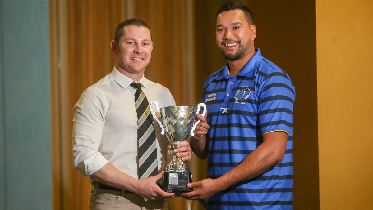 Set for battle: Bowral's Tim Small (left) and Avondale's Andre Itula with the Illawarra Rugby trophy. Picture: Adam McLean. 