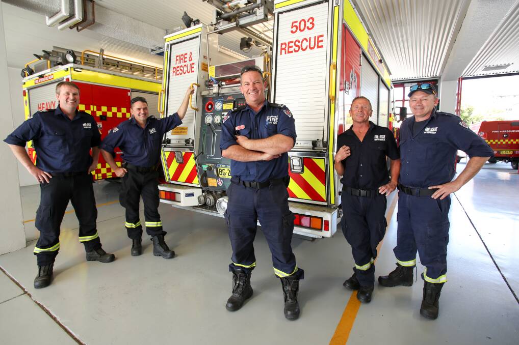 Hot competition: Wollongong firefighters John Robinson, Justin Taylor, Andrew Barber, Mark McMaster and Stuart Willick. Picture: Adam McLean