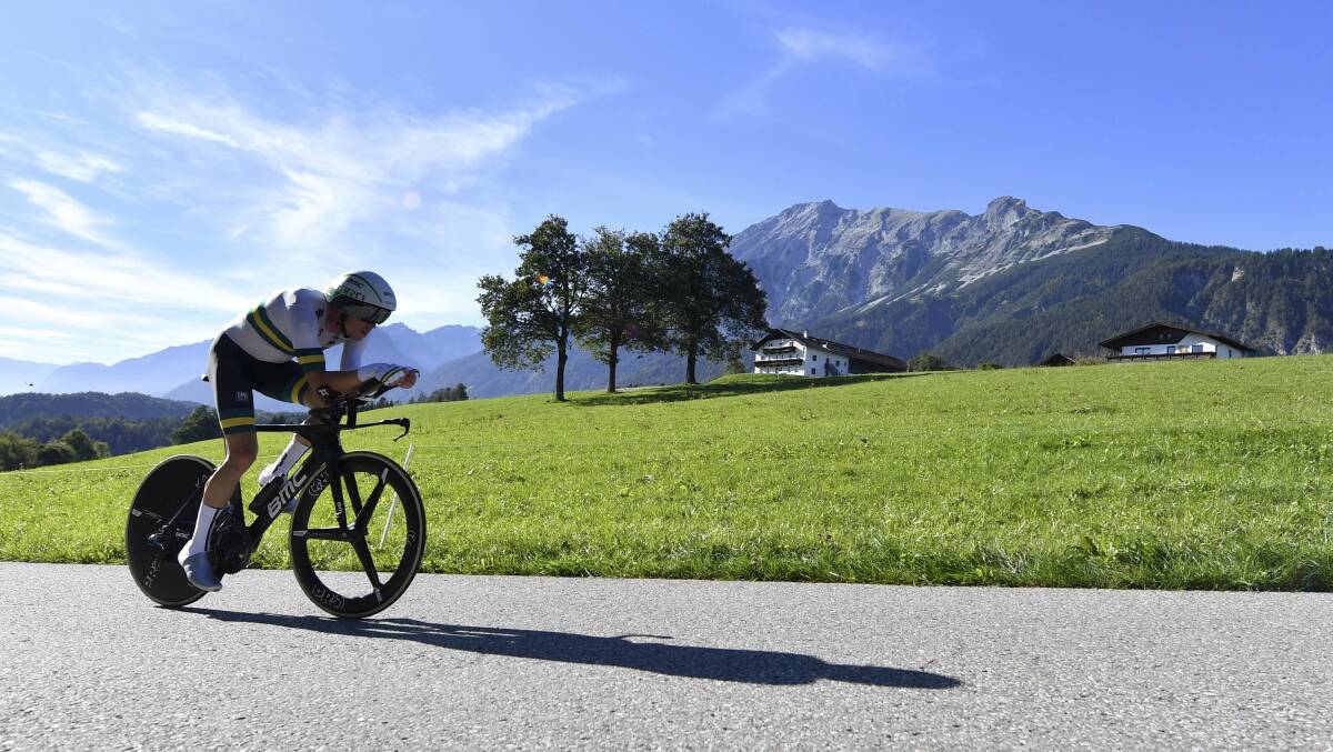 Breathtaking surrounds: Australia's Rohan Dennis competing at the 2018 Cycling World Championships in Innsbruck, Austria. Picture: AP Photo/Kerstin Joensson.