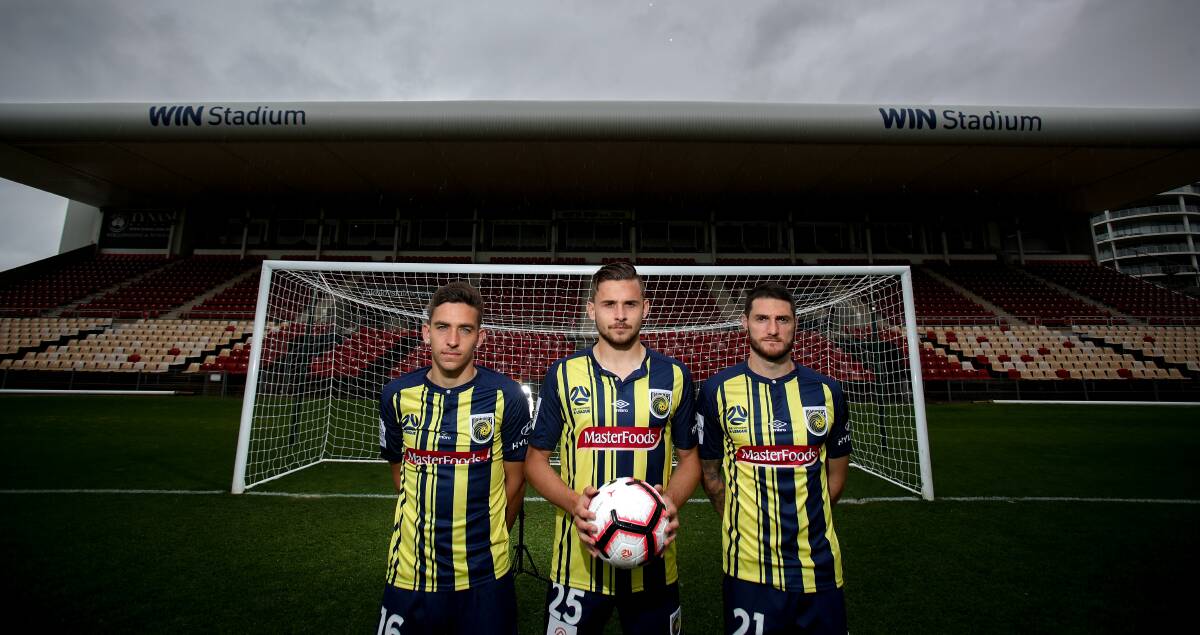 ON THE ATTACK: Woonona local Jordan Murray (middle) with Central Coast Mariners teammates and fellow Illawarra products Josh MacDonald and Corey Gameiro at WIN Stadium. Picture: Adam McLean.