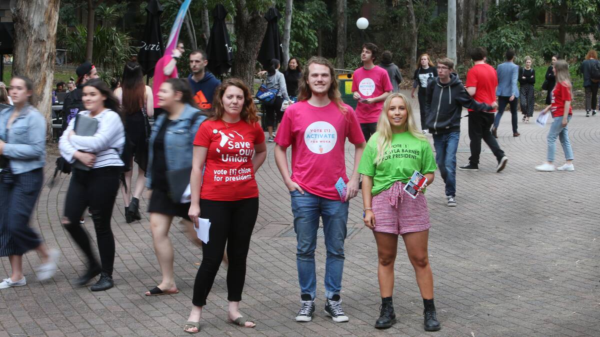 RACE FOR WUSA PRESIDENT: University of Wollongong students Chloe Rafferty, Joshua Mills and Mikayla Barnes are vying to be elected WUSA president. Picture: Sylvia Liber