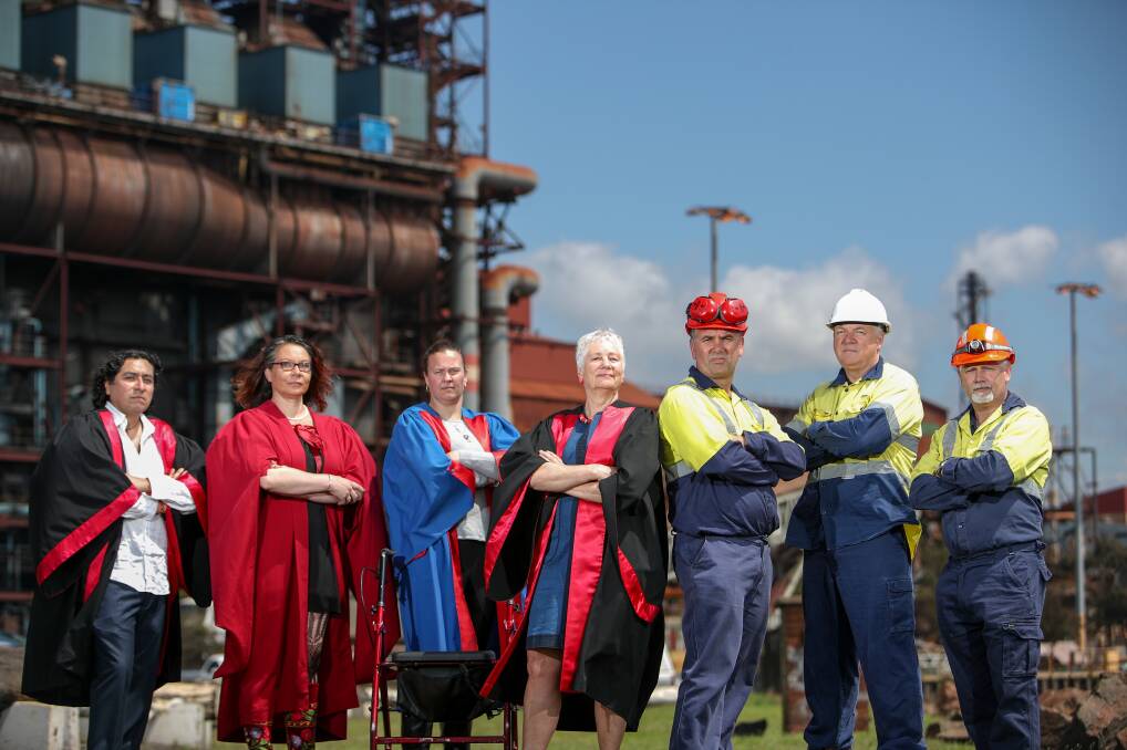 All together: UOW employees Dr Luis Gomez Romero, Dr Jen Roberts, Bec Lachlan and Prof Georgine Clarsen will join steelworkers Glenn Leak, Rob Paterson and Tony Clarkson on strike next week. Picture: Adam McLean