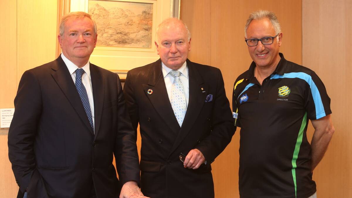 ONE GOAL: Southern Expansion's Chris Gardiner, Wollongong City Lord Mayor Cr Gordon Bradbery AM and FSC's Eddy De Gabriele. Picture: Robert Peet