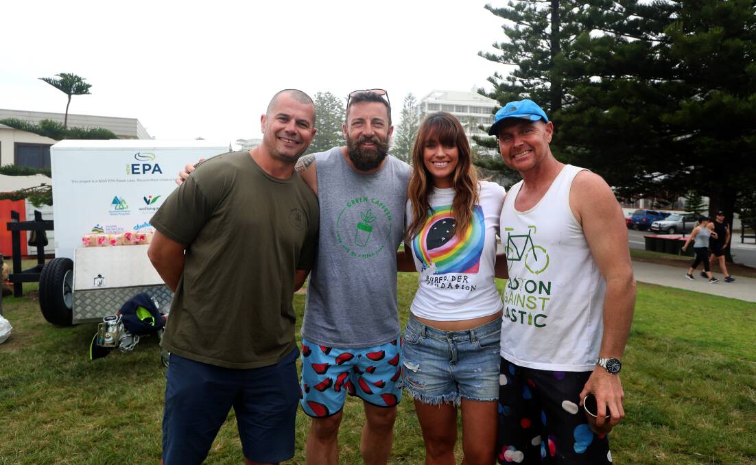 Laura Wells at the 2018 Annual Surfrider Illawarra Clean Beach Festival with Damien Clarke, Martin Brooks, and Paul Hellier. Picture: Sylvia Liber