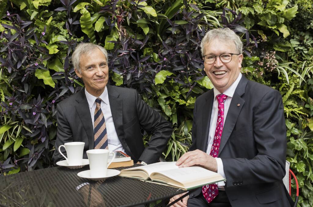 RE-DONE DEAL: Ramsay Centre CEP Simon Baines (left) with UOW Vice-Chancellor Paul Wellings at the first signing of the MOU.  .