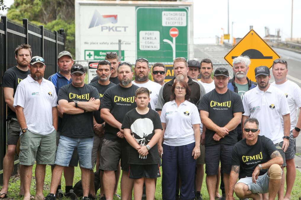 Port Kembla Coal Terminal workers outside the facility after calling a strike in December 2018. Picture: Adam McLean