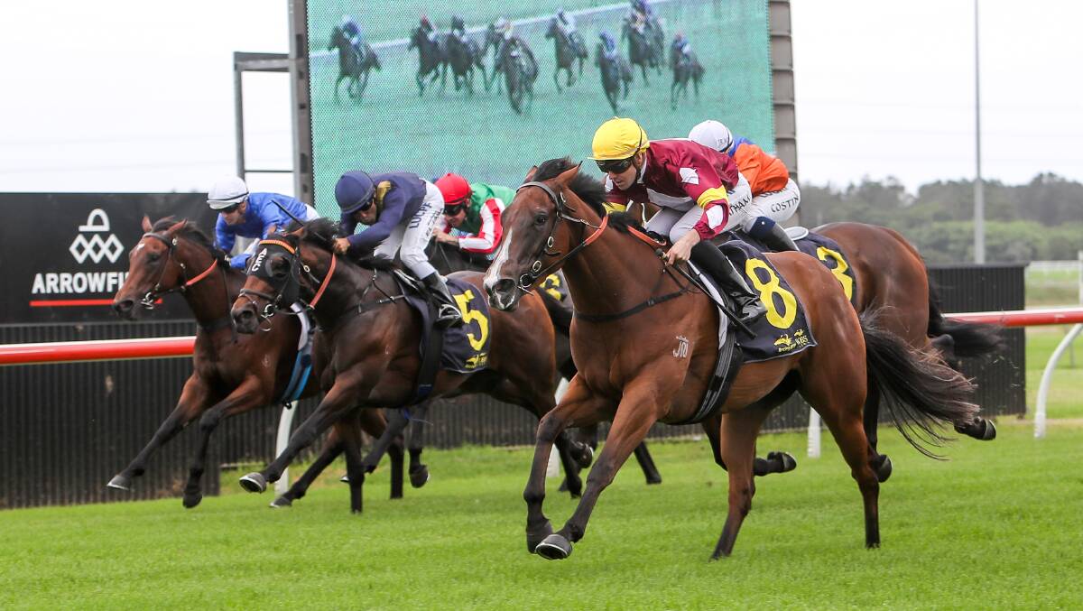 GOT GOING LATE: Chicadilly, ridden by jockey Keagan Latham, races clear at Kembla Grange. Picture:  Adam McLean. 