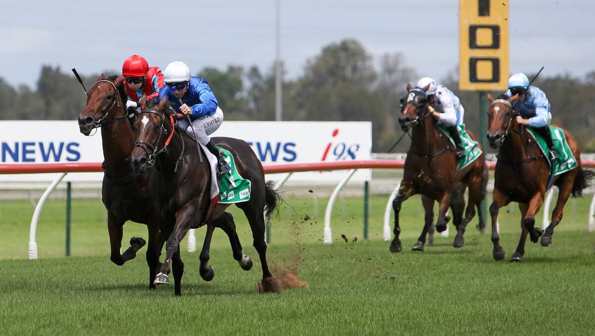 ON THE IMPROVE: Godolphin trained filly Nanda Devi, ridden by jockey Glyn Schofield, got her maiden out of the way at Kembla Grange. Picture: ADAM McLEAN