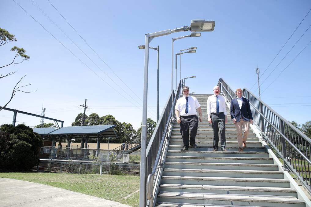 Parliamentary Secretary for the Illawarra Gareth Ward (centre) with Liberal candidate for the seat of Wollongong  Zachary Fitzpatrick (left) and Wollongong Liberal councillor Cameron Waters at Unanderra station. Picture: Adam McLean