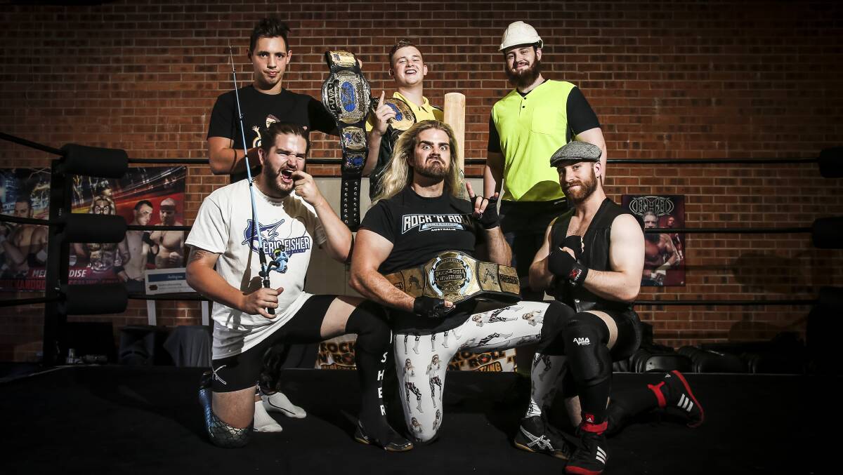 Rock 'N' Roll wrestlers (back row) Jay Sorbet, Captain Keato, The Tradie,, Eric Fisher, Hunter P.S. Hayes and Dicko (front row). Picture: Anna Warr