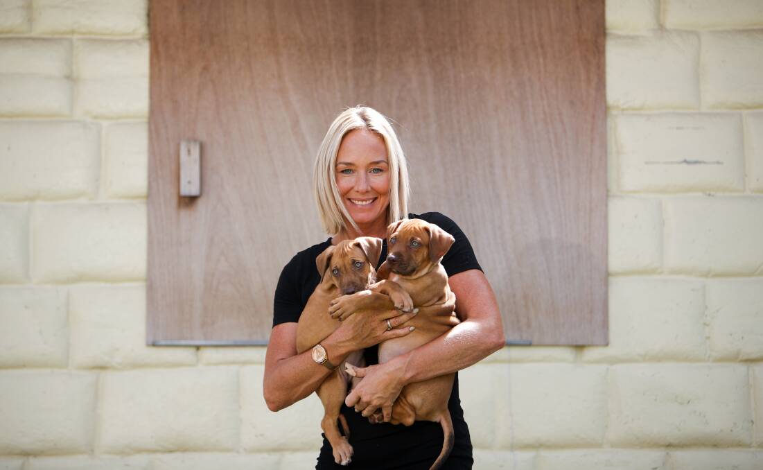 Wollongong Animal Rescue Network manager Naomi John with puppies Cityslicker and Vincent Black. Picture: Adam McLean