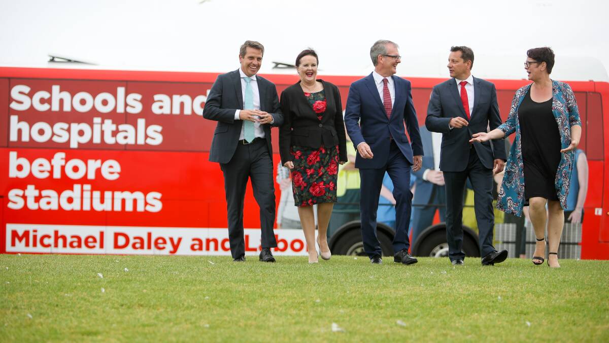 Keira MP Ryan Park, Shellharbour MP Anna Watson, NSW Labor leader Michael Daley, Wollongong MP Paul Scully and Labor's deputy leader Penny Sharpe at Flagstaff Hill to announce their party's health plan. Picture: Adam McLean