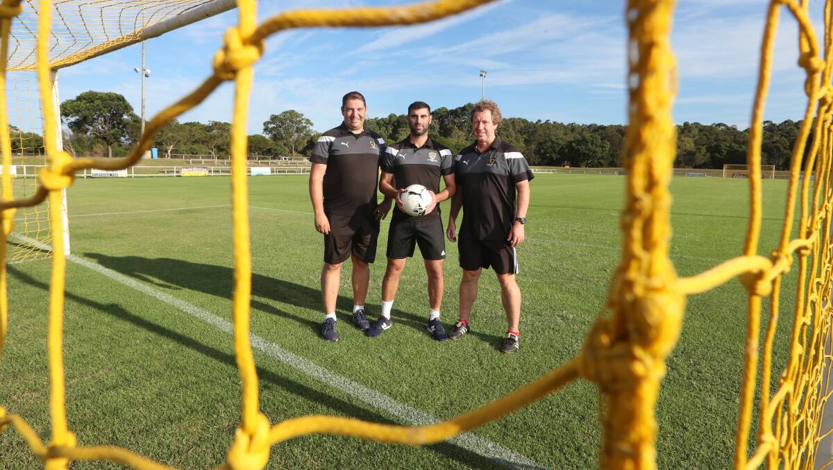 BACK WHERE THEY BELONG: Coniston's president John Karayiannis, captain Franc Pierro and coach Jeff Allport. Picture: Sylvia Liber.