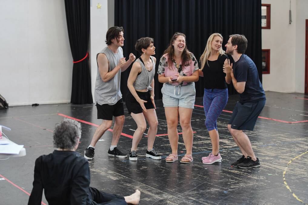 Natalie Abbott (middle) rehearsing in Melbourne with some of the cast of Muriel's Wedding The Musical. Picture: Joe Armao