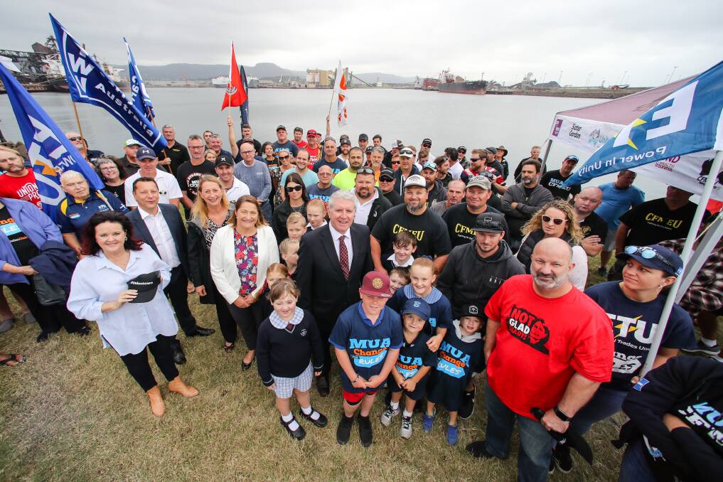 Get it done: Labor's Workplace Relations spokesman Brendan O'Connor (centre) visited the lock-out  Port Kembla Coal Terminal workers. He said the dispute should have been sorted out by now. Picture: Adam McLean