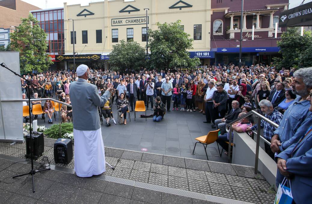 Sheikh Abdul Rahman from Omar Mosque to the crowd. Picture: Adam McLean