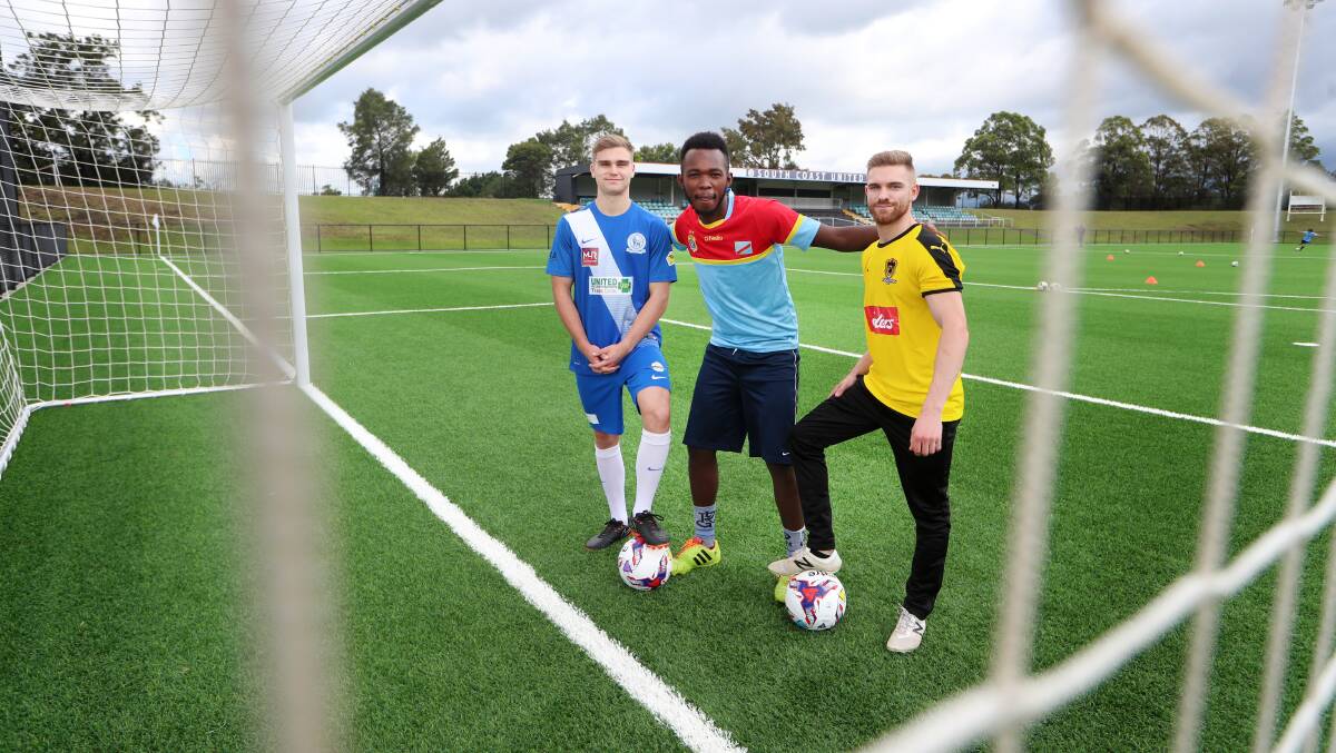 ALL FOR CHARITY: Albion Park's Jayden Penrose (left) and Coniston's Kody Maude (right) with Elie Butoto ahead of the two clubs' FFA Cup clash. Picture: Sylvia Liber.