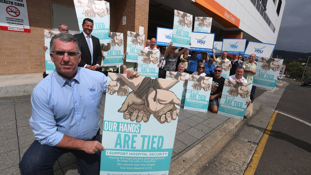 SAFETY AND SECURITY: Health Union Services secretary Gerard Hayes joined Wollongong Hospital staff at a protest rally calling for more security officers for the state's hospitals. Picture: Robert Peet