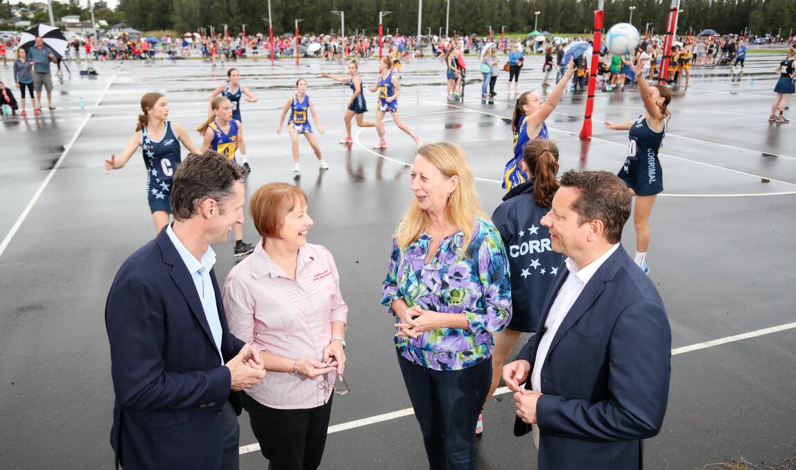 Holding court: Labor MPs Stephen Jones, Sharon Bird and Paul Scully with Illawarra netball president Dianne Elvy. Picture: Adam McLean