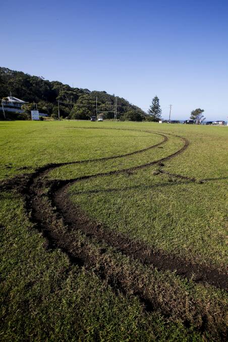 Jim Allen Oval, Wombarra. Tyre track damage from hoons doing burnouts. Picture: Anna Warr.