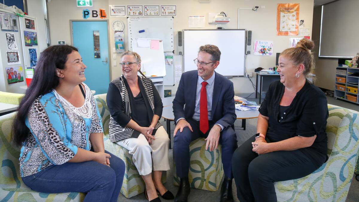 SCHOOL UPGRADE: Whitlam MP Stephen Jones with Warilla North Public School parents Kelly Lennard, Denise Grooms and Jennifer Worldon. Picture: Adam McLean.