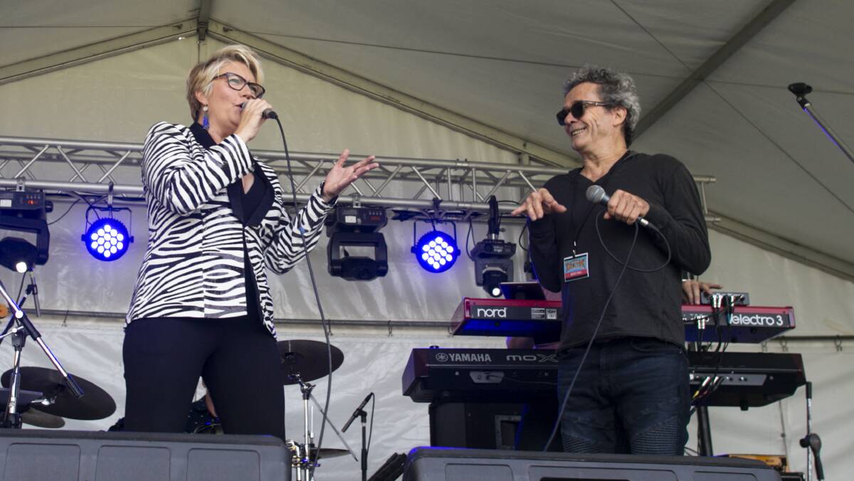 SINGING DUO: Melinda Schneider and Mark Gable performed together at the Take Action Farmers Aid Concert in Jamberoo on Saturday. Picture: Anna Warr