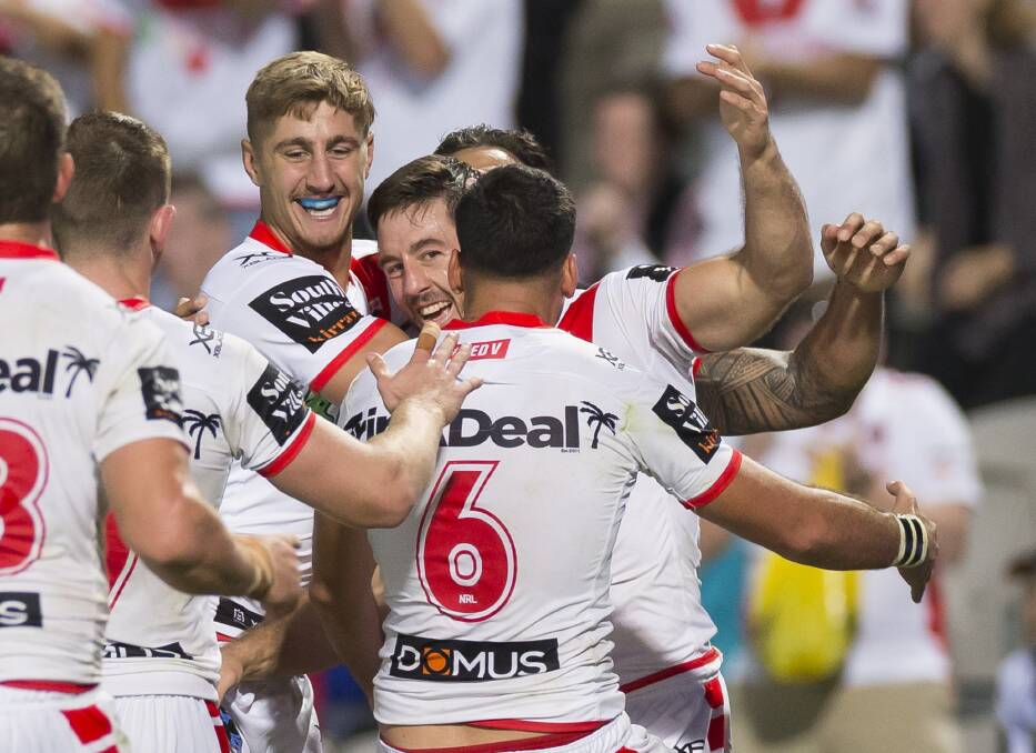 NICE: The Dragons celebrate Ben Hunt's second try against Canterbury on Sunday. Picture: AAP Image