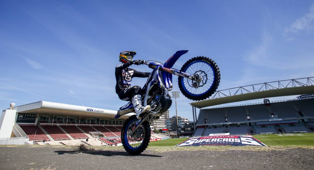 Supercross rider Aaron Tanti in action at WIN Stadium on Thursday, for the announcement of Round 3 of the championships coming to Wollongong. Picture: Anna Warr