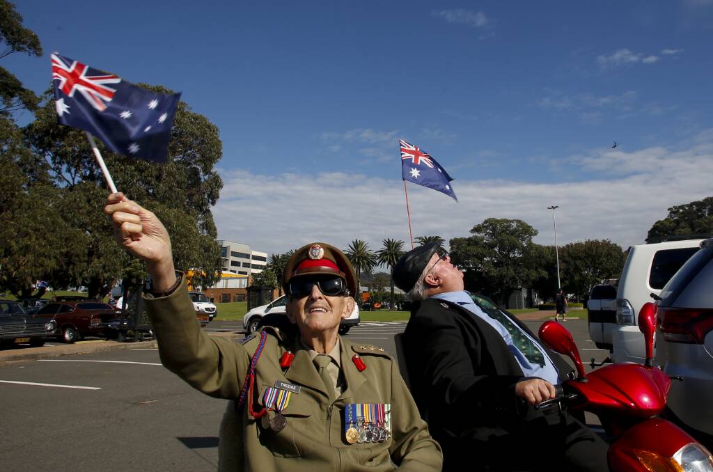 ROCK STAR RECEPTION: Eric Trezise (left) and Geoff Weir at the Anzac Day march in Wollongong CBD. Picture: Anna Warr