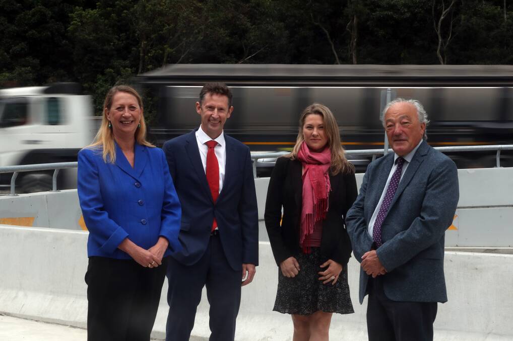 Road funding: Illawarra MPs Sharon Bird and Stephen Jones, Labor candidate for Hume Aoife Champion and Macarthur MP Mike Freelander at the Picton Road funding announcement. Picture: Robert Peet