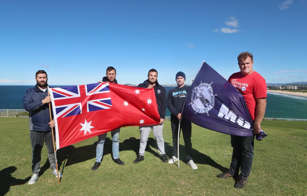 SEAFARERS: Will Zisis, Andy Poynter, Dane Barringer, Brad Thompson and Mick Scott, all of the MUA. Picture: SYLVIA LIBER.