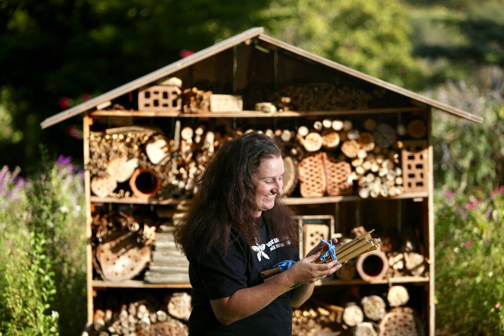 FUN TIMES: Waste education officer Penny Hoswell making a smaller version of a bee hotel at the Wollongong Botanic Garden. Picture: Adam Mclean.