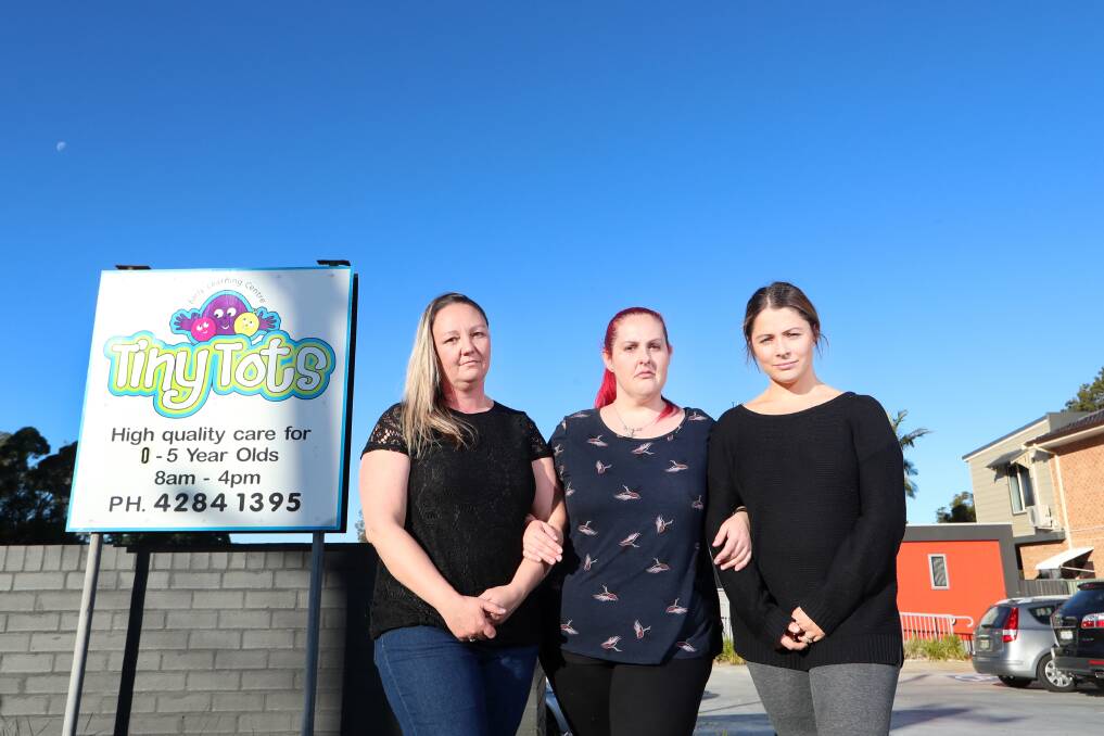Kylie Thomson, Niki Phillips and Kyren Shields are part of a group of 22 parents who are angry of "sudden" changes at Tiny Tots Woonona, due to the sale of the business. Picture: Sylvia Liber