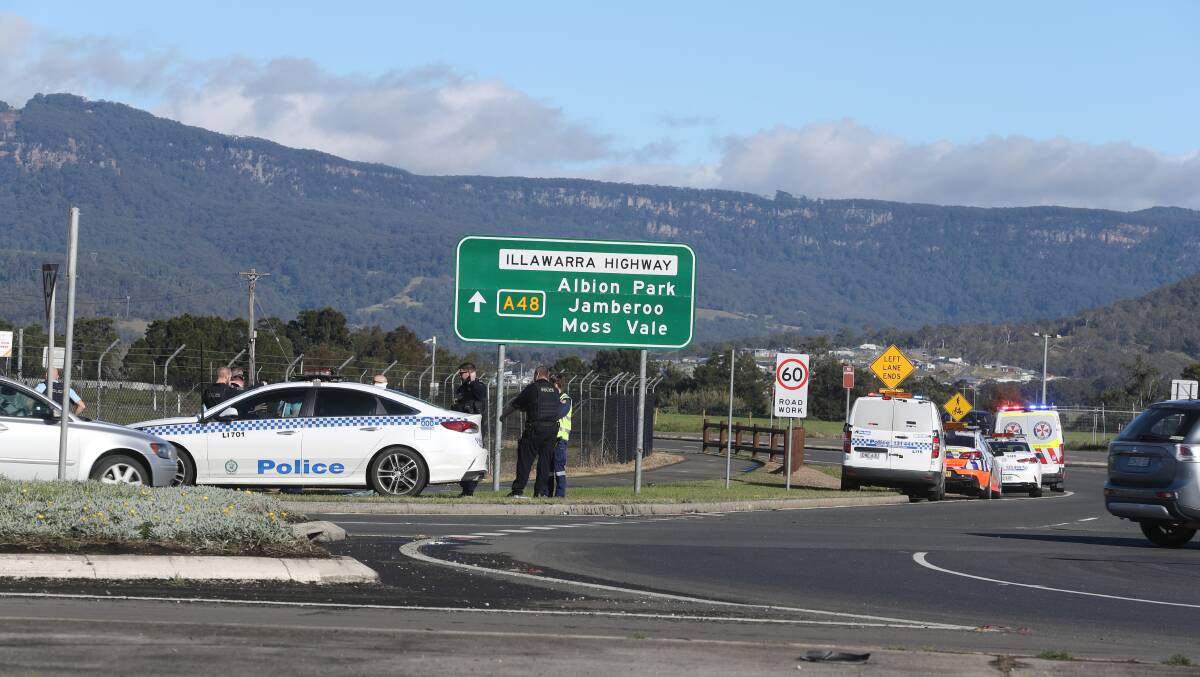 Police said a stolen silver Kia rammed two vehicles, including a police car, at the intersection of the Illawarra Highway and Princes Motorway/Highway at Albion Park Rail. Picture: Robert Peet