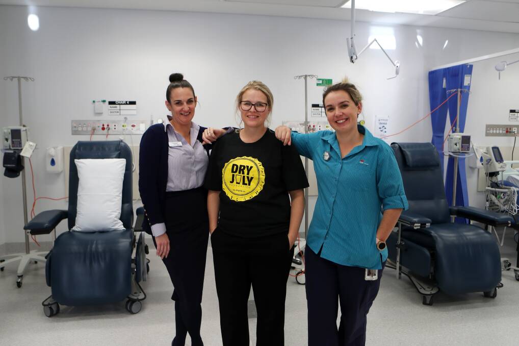 Good cause: Illawarra Cancer Care Centre employees Kerrie Lawler, Rebekah Costello and Melissa Newton support Dry July. Picture: Sylvia Liber
