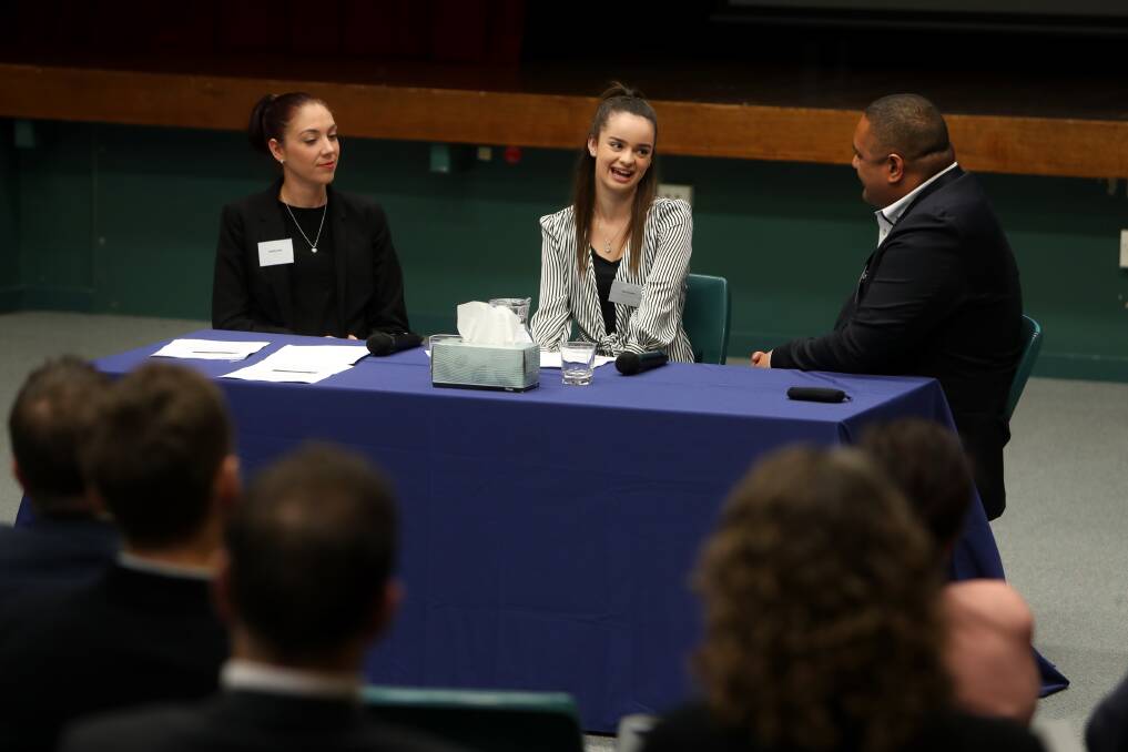 Opportunities: SYC practice coach Leki Mafoe had a panel discussion with employment coach Candice Wall and job seeker Zoe Cromie a new unemployment program launch in the Illawarra. Picture: Sylvia Liber