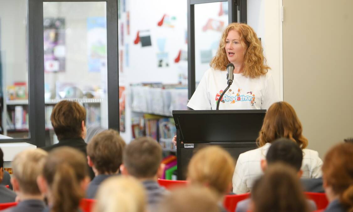 Shoalhaven-based children's author and MS Readathon ambassador Allison Tait speaking to students at TIGS. Picture: Adam McLean.