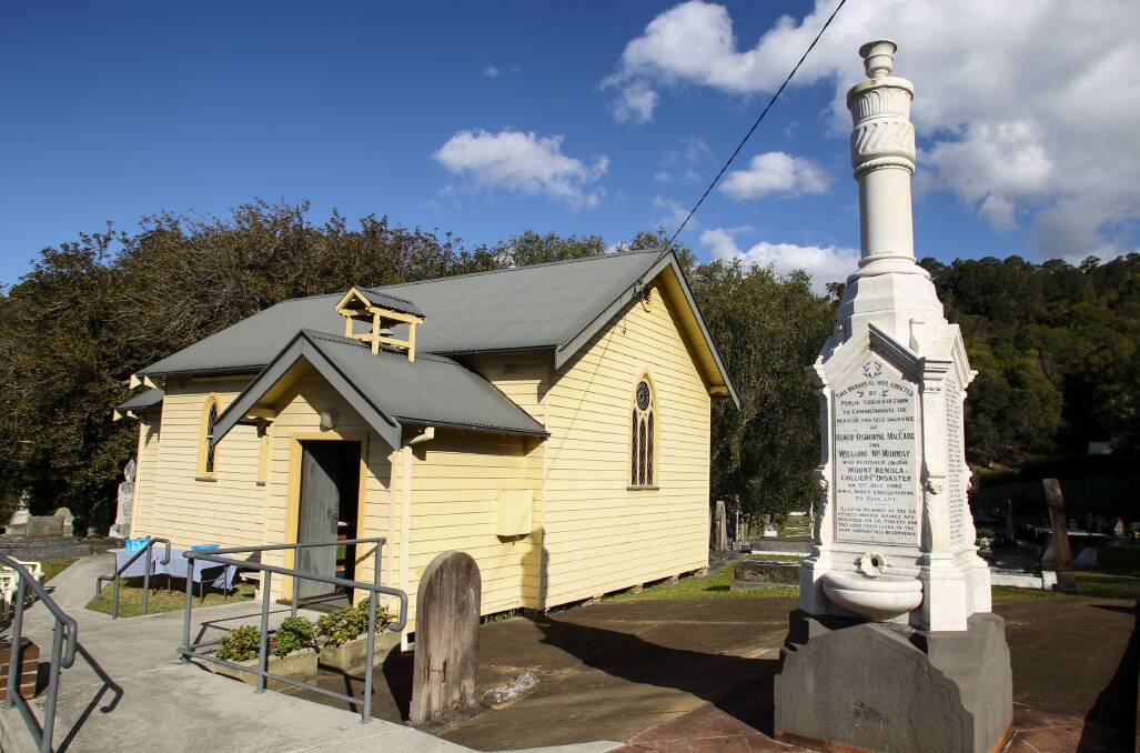 TELLING TALES: Mount Kembla Anglican Church and the mine disaster memorial, honoring the 96 lives lost - one of the stories you'll find on the Yesterday Stories app. Picture: Anna Warr