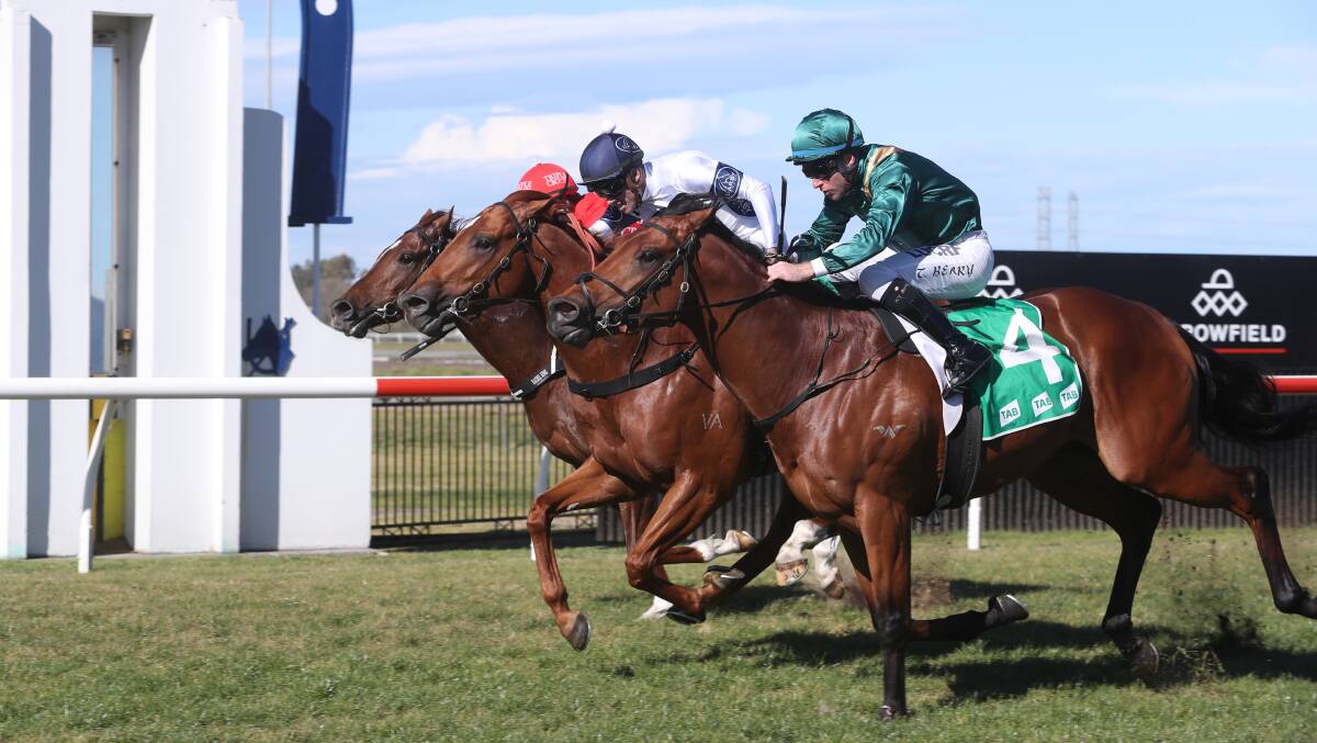 Close call: Jockey Jay Ford riding Courageous (middle) edges out Leo (right) and Ranges (left) at Kembla Grange on Thursday. Picture: Robert Peet
