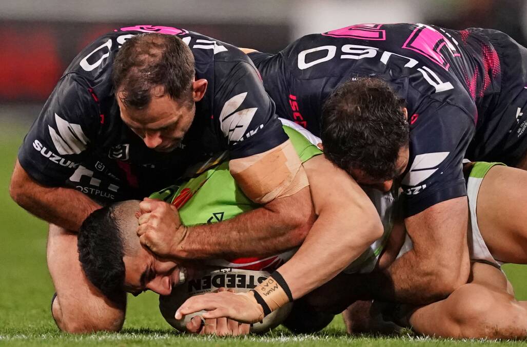 NOT GOOD: IT'S unlikely the NRL wanted to risk another embarrassing judiciary defeat had it charged Cameron Smith over this incident involving Bailey Simonson. Picture: AAP Image/Scott Barbour 