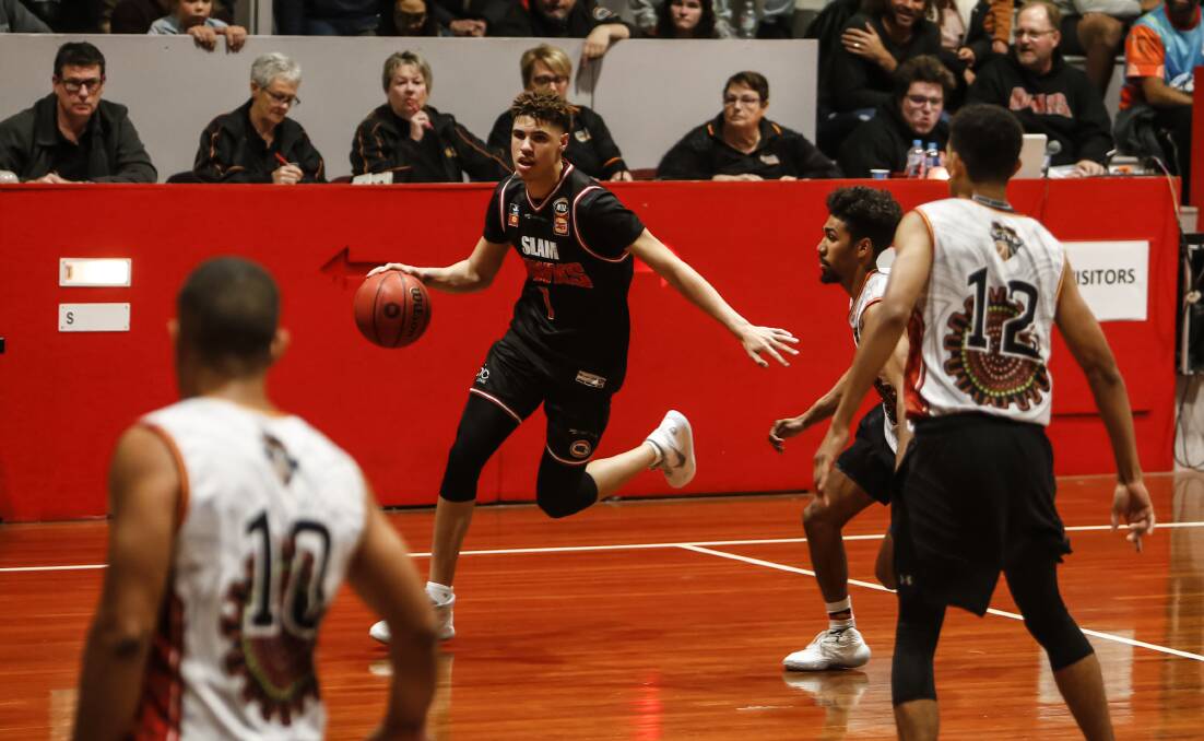 Young talent time: Hawks recruit LaMelo Ball in action against the Australian indigenous team at the Snakepit. He's the star attraction for the final pre-season game against Sydney on Sunday, but it comes as a cost. Picture: Anna Warr