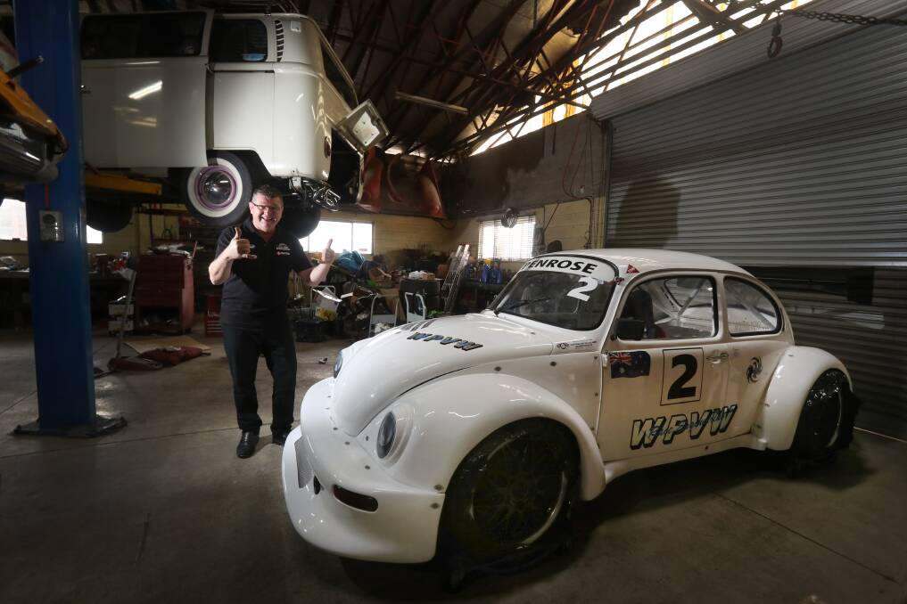 Ready to climb: Wayne Penrose with his record-breaking Volkswagon before the Huntley Hill Climb on Sunday. Picture: Robert Peet