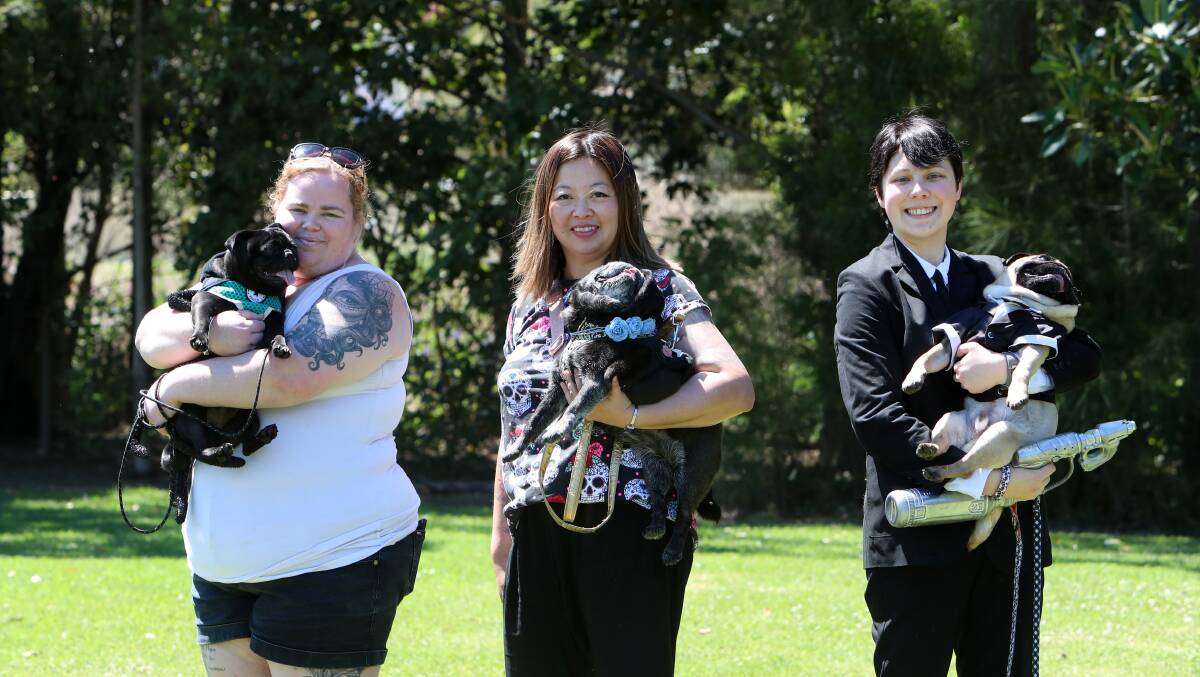 Winners of the best dressed Amanda Jones with Boston, Phoenix Lachlan with Storm and Zoe Capewell with Bucky at the Pugoween event hosted by Wollongong Pugs at Figtree Dog Park on Sunday. Picture: Sylvia Liber.