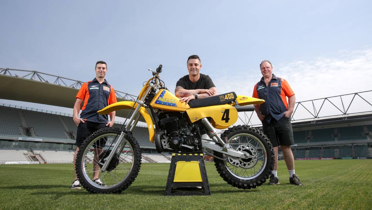 Local heroes: Supercross legends (from left) Ryan Marmont, Jay Marmont and Anthony Gunter at WIN Stadium. Picture: Adam McLean.