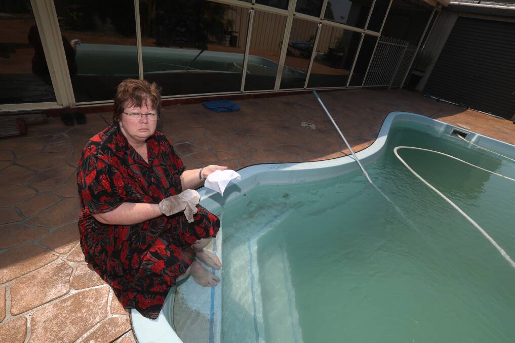 Dirt: Albion Park Rail resident Karen Buckley claims dust from the bypass is blowing into her pool and house every day. Picture: Robert Peet