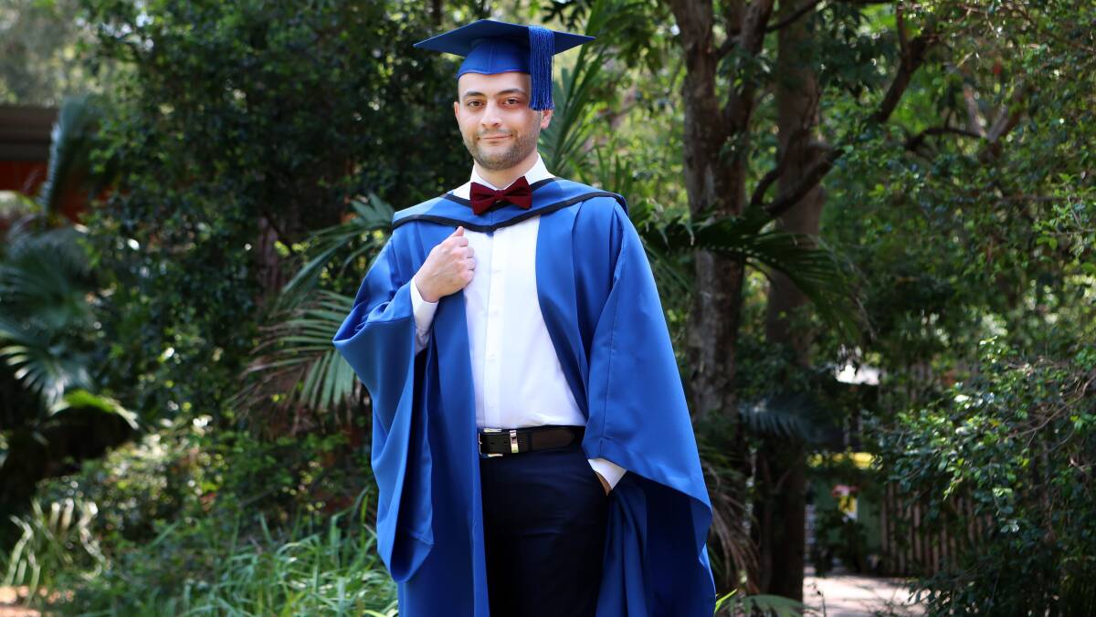 GRADUATE: Fadi Thabet fled Iraq in mid-2014 after Mosul was overtaken by Islamic State. On Tuesday he graduated from UOW with his Bachelor of Engineering (Telecommunications Engineering). Picture: Sylvia Liber.