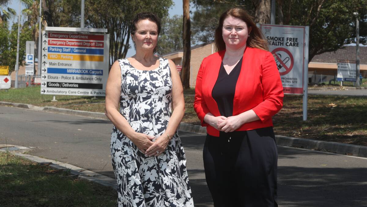 SEEKING ANSWERS: Member for Shellharbour Anna Watson with Labor Shadow Minister for Mental Health, Tara Moriarty outside Shellharbour Hospital. Picture: Robert Peet