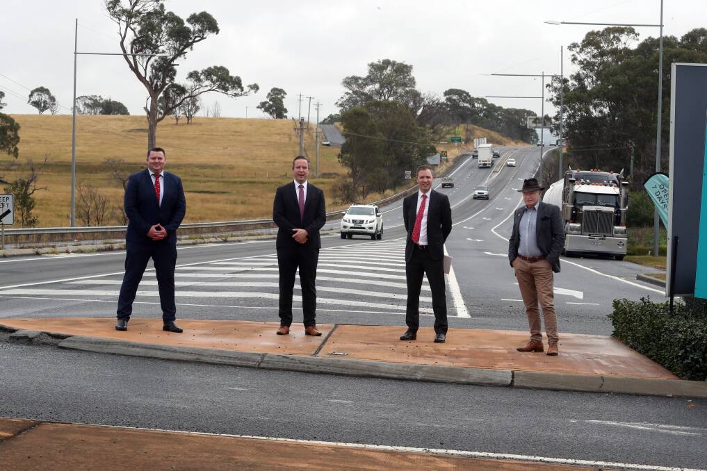 Wollondilly MP Nathaniel Smith MP, Wollondilly Mayor Matthew Deeth, Illawarra Business Chamber's Adam Zarth and Wollongong Lord Mayor Gordon Bradbery are part of the Picton Road Motorway Coalition. Picture: Robert Peet