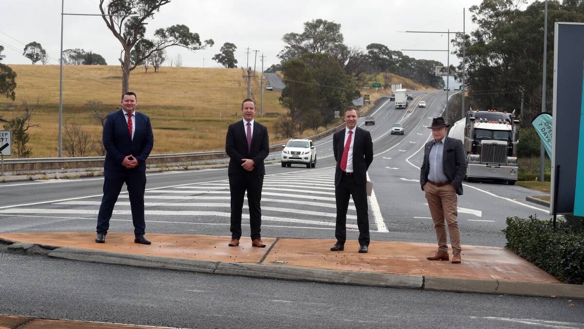 UNITED: Nathaniel Smith MP, Wollondilly Mayor Matthew Deeth, Adam Zarth from the Illawarra Business Chamber and Wollongong Lord Mayor Gordon Bradbery launch the Picton Road Motorway Coalition. Picture: Robert Peet.