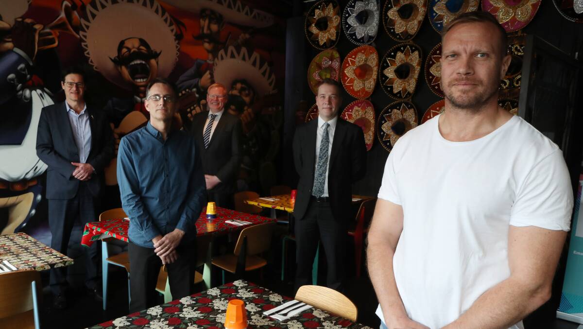 FROM RIGHT: Owen Langton, Illawarra Business Chamber executive director Adam Zarth, Gareth Ward, YES co-ordinator Glenn Fairweather, and the Speaker of the NSW Lower House Jonathan O'Dea, who also came along to the announcement at Amigos restaurant. ROBERT PEET.